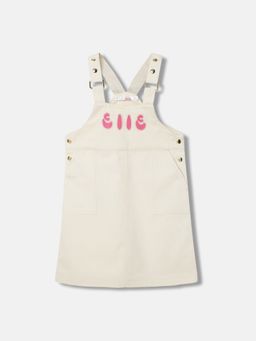 ELLE - Girls Beige Embroidered Square Neck Sleeveless Dress