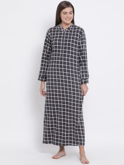 Kanvin - Women Charcoal White Checked Maxi Winter Wear Nightdress