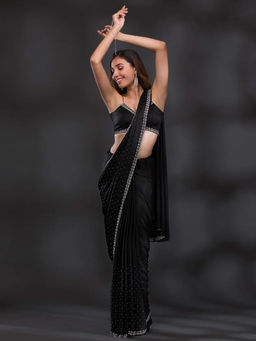 Akhilam - Womens Chiffon Black Embellished Designer Saree with Unstitched Blouse