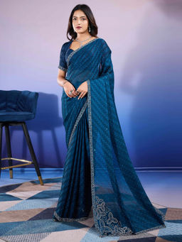Akhilam - Womens Chiffon Teal Blue Embellished Designer Saree with Unstitched Blouse