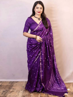 Akhilam - Womens Chanderi Silk Purple Printed Designer Saree with Unstitched Blouse