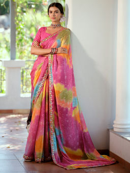 Akhilam - Womens Pure Georgette Pink Printed Designer Saree with Unstitched Blouse