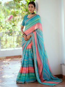 Akhilam - Womens Pure Georgette Light Blue Printed Designer Saree with Unstitched Blouse