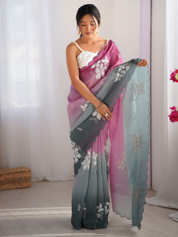 Akhilam - Womens Chiffon Pink Embellished Designer Saree with Unstitched Blouse