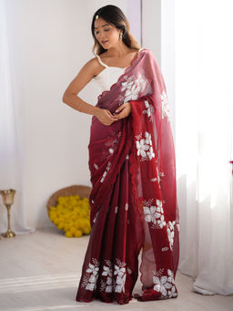Akhilam - Womens Organza Maroon Embellished Designer Saree with Unstitched Blouse