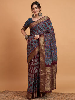 Akhilam - Womens Viscose Silk Maroon Printed Designer Saree with Unstitched Blouse