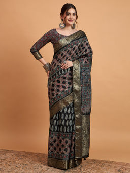 Akhilam - Womens Viscose Silk Black Printed Designer Saree with Unstitched Blouse