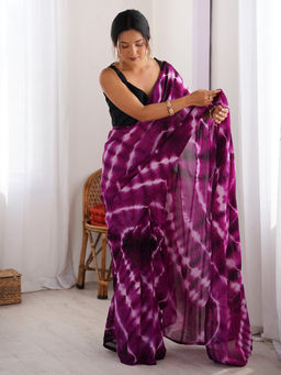 Akhilam - Womens Georgette Magenta Tie & Dye Designer Saree with Unstitched Blouse