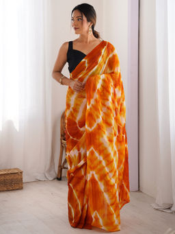 Akhilam - Womens Georgette Orange Tie & Dye Designer Saree with Unstitched Blouse