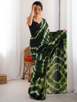 Akhilam - Womens Georgette Green Tie & Dye Designer Saree with Unstitched Blouse