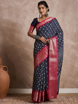 Akhilam - Womens Dola Silk Navy Blue Printed Designer Saree with Unstitched Blouse