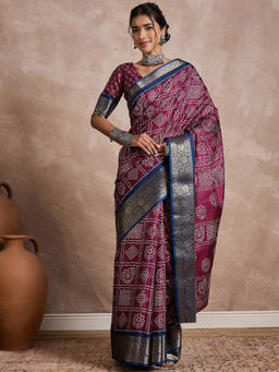 Akhilam - Womens Dola Silk Wine Printed Designer Saree with Unstitched Blouse