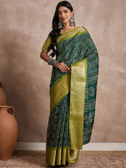Akhilam - Womens Dola Silk Green Printed Designer Saree with Unstitched Blouse