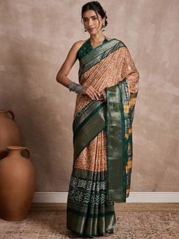 Akhilam - Womens Dola Silk Beige Printed Designer Saree with Unstitched Blouse