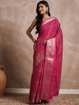 Akhilam - Womens Dola Silk Pink Printed Designer Saree with Unstitched Blouse