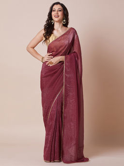 Akhilam - Womens Satin Silk Maroon Embellished Designer Saree with Unstitched Blouse