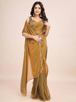 Akhilam - Womens Silk Blend Gold Embellished Designer Saree with Unstitched Blouse