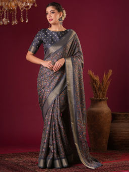 Akhilam - Womens Silk Blend Grey Printed Designer Saree with Unstitched Blouse