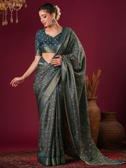 Akhilam - Womens Silk Blend Teal Printed Designer Saree with Unstitched Blouse