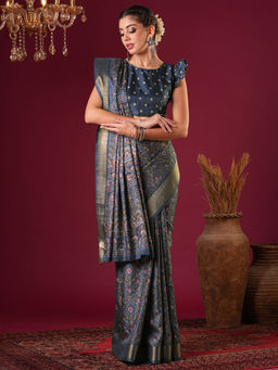 Akhilam - Womens Silk Blend Blue Printed Designer Saree with Unstitched Blouse