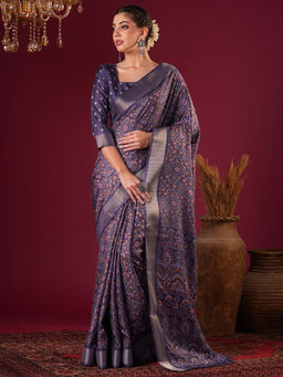Akhilam - Womens Silk Blend Purple Printed Designer Saree with Unstitched Blouse