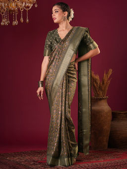 Akhilam - Womens Silk Blend Light Brown Printed Designer Saree with Unstitched Blouse