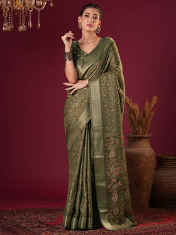 Akhilam - Womens Silk Blend Olive Printed Designer Saree with Unstitched Blouse