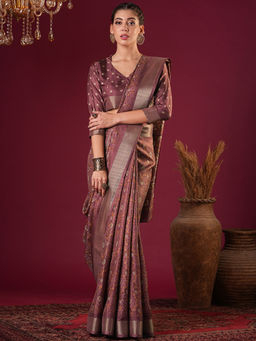 Akhilam - Womens Silk Blend Pink Printed Designer Saree with Unstitched Blouse