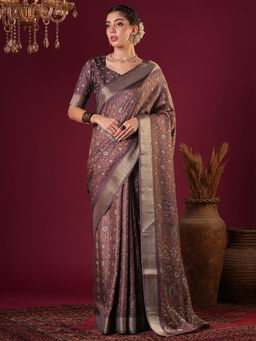 Akhilam - Womens Silk Blend Mauve Printed Designer Saree with Unstitched Blouse