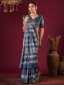 Akhilam - Womens Silk Blend Blue Printed Designer Saree with Unstitched Blouse