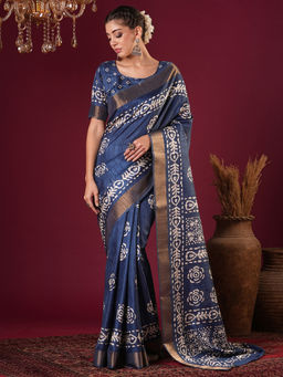 Akhilam - Womens Silk Blend Navy Blue Printed Designer Saree with Unstitched Blouse