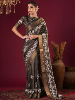 Akhilam - Womens Silk Blend Brown Printed Designer Saree with Unstitched Blouse