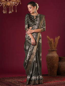 Akhilam - Womens Silk Blend Olive Printed Designer Saree with Unstitched Blouse
