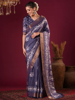 Akhilam - Womens Silk Blend Purple Printed Designer Saree with Unstitched Blouse