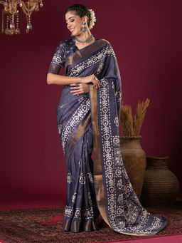 Akhilam - Womens Silk Blend Charcoal Grey Printed Designer Saree with Unstitched Blouse