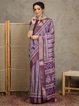 Akhilam - Womens Silk Blend Purple Printed Designer Saree with Unstitched Blouse