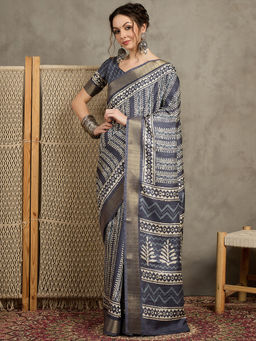 Akhilam - Womens Silk Blend Grey Printed Designer Saree with Unstitched Blouse