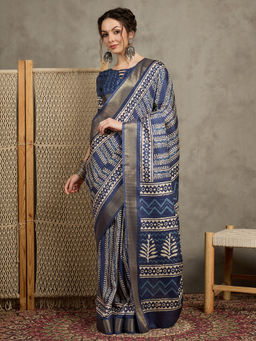Akhilam - Womens Silk Blend Navy Blue Printed Designer Saree with Unstitched Blouse