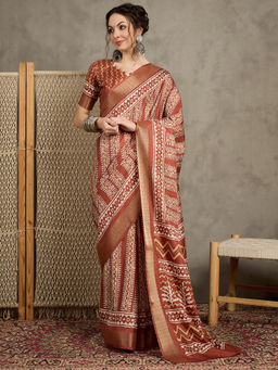 Akhilam - Womens Silk Blend Rust Printed Designer Saree with Unstitched Blouse