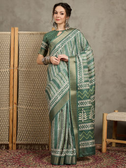 Akhilam - Womens Silk Blend Sea Green Printed Designer Saree with Unstitched Blouse