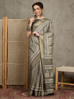 Akhilam - Womens Silk Blend Sea Green Printed Designer Saree with Unstitched Blouse