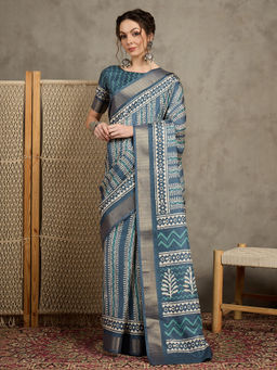 Akhilam - Womens Silk Blend Blue Printed Designer Saree with Unstitched Blouse