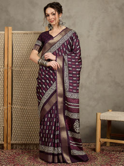 Akhilam - Womens Silk Blend Purple Printed Designer Saree with Unstitched Blouse