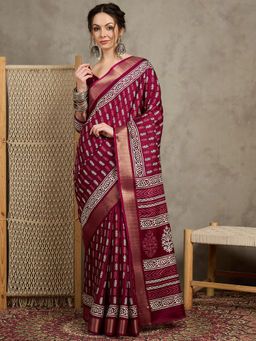 Akhilam - Womens Silk Blend Magenta Printed Designer Saree with Unstitched Blouse