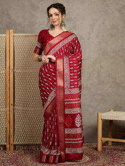 Akhilam - Womens Silk Blend Red Printed Designer Saree with Unstitched Blouse