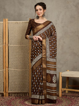 Akhilam - Womens Silk Blend Brown Printed Designer Saree with Unstitched Blouse