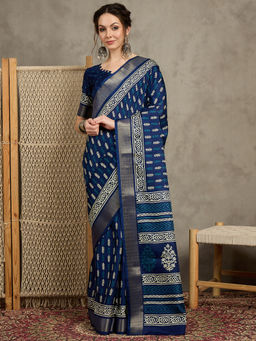 Akhilam - Womens Silk Blend Navy Blue Printed Designer Saree with Unstitched Blouse