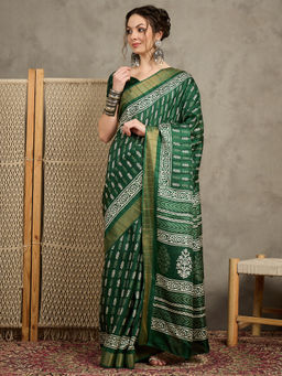 Akhilam - Womens Silk Blend Green Printed Designer Saree with Unstitched Blouse
