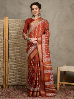 Akhilam - Womens Silk Blend Rust Printed Designer Saree with Unstitched Blouse