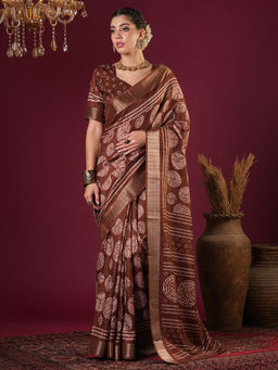 Akhilam - Womens Silk Blend Brown Printed Designer Saree with Unstitched Blouse